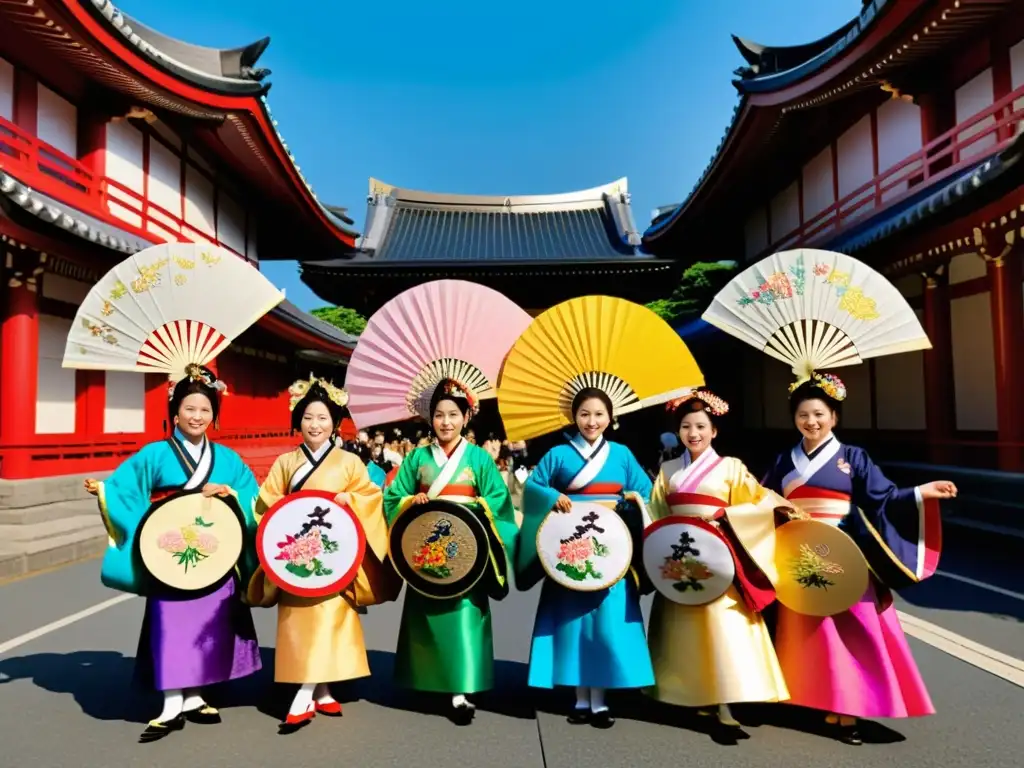 Grupo de artistas japoneses en el vibrante Nagasaki Kunchi festival, mostrando la diversidad cultural con trajes tradicionales exquisitos y coloridos