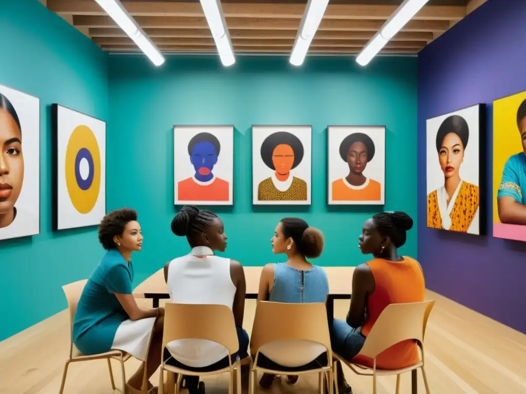 Jóvenes artistas debaten sobre arte étnico Un grupo de artistas jóvenes reinventan arte étnico en una animada discusión rodeados de sus obras de arte culturalmente ricas