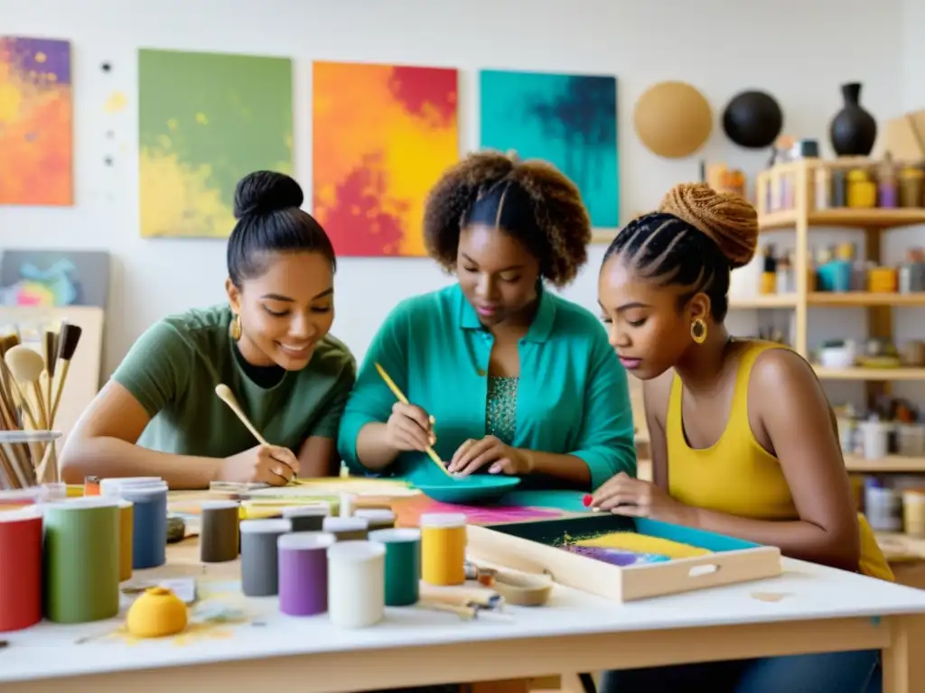 Jóvenes artistas creando arte étnico moderno Grupo de artistas jóvenes reinventan arte étnico en un vibrante estudio, creando con pasión y determinación