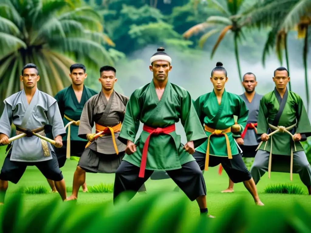 Grupo de artistas marciales en trajes tradicionales indonesios practicando el Festival Pukul Sapu Indonesia entre altas palmeras y exuberante vegetación, capturando la esencia y la belleza de la cultura indonesia