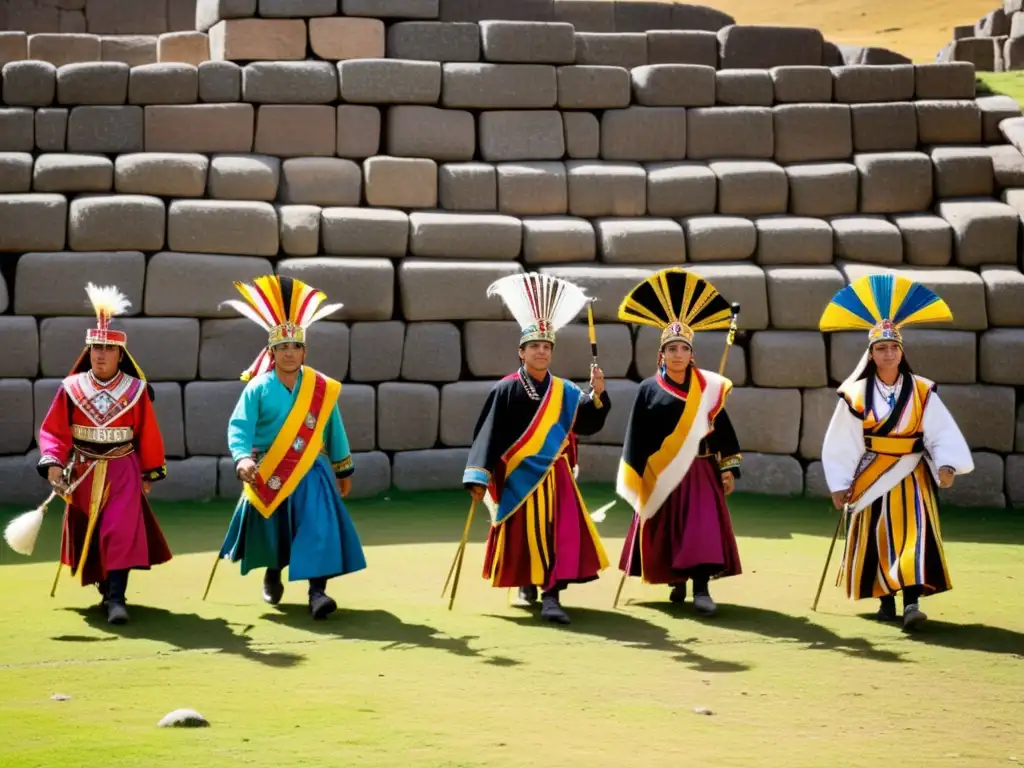 Grupo de artistas con trajes tradicionales en la Fiesta del Inti Raymi en Cusco, Perú, evocando la energía de la celebración