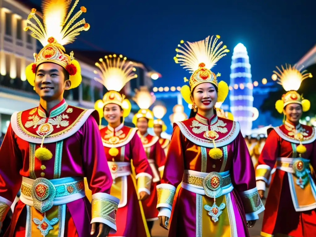 Grupo de artistas Chingay con trajes vibrantes en la Fiesta del Fuego en Singapur