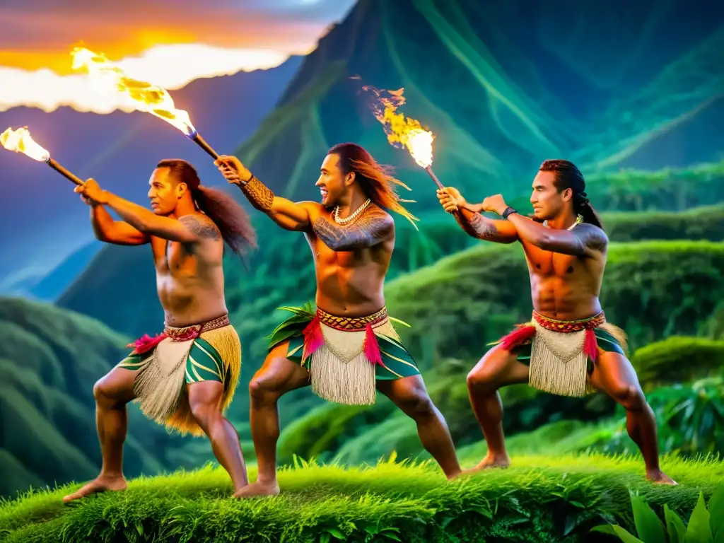 Grupo de atletas polinesios contemporáneos realiza una impresionante danza del cuchillo de fuego en un paisaje impresionante al atardecer