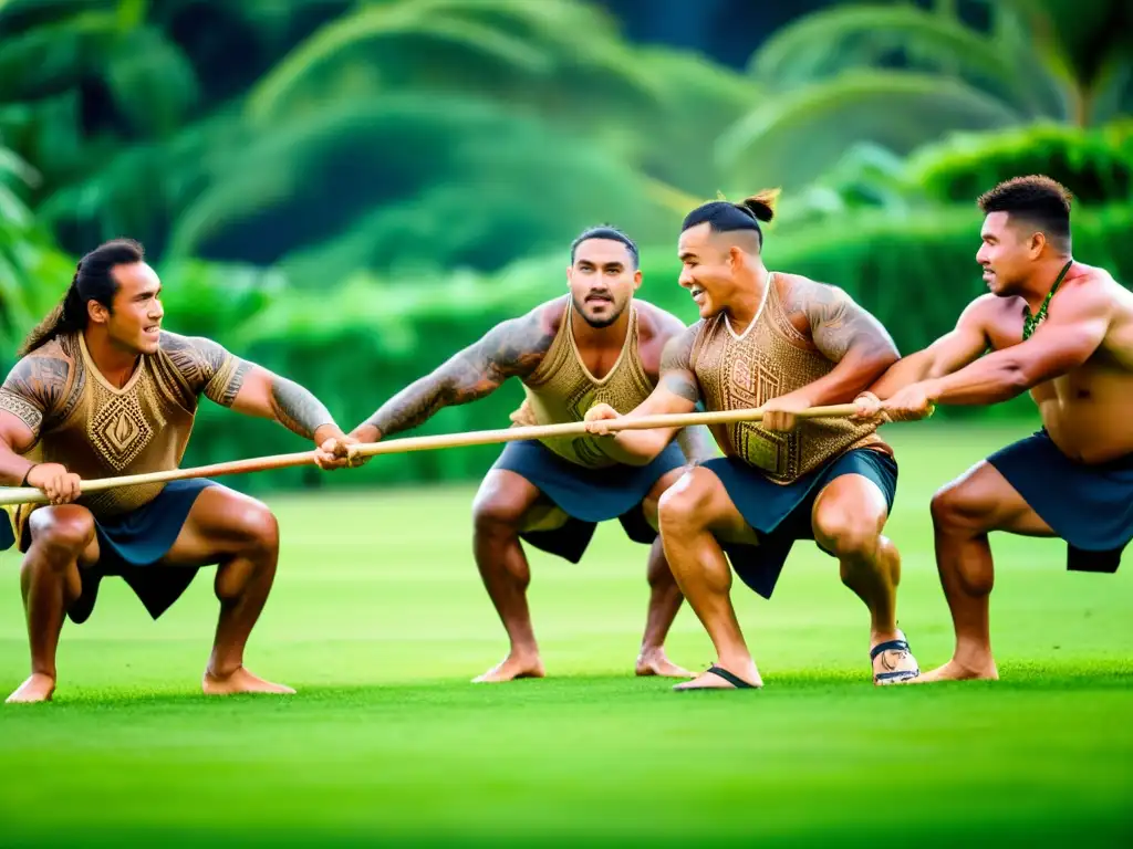 Grupo de atletas polinesios contemporáneos participando en juegos tradicionales maoríes, mostrando habilidades y vestimenta vibrante