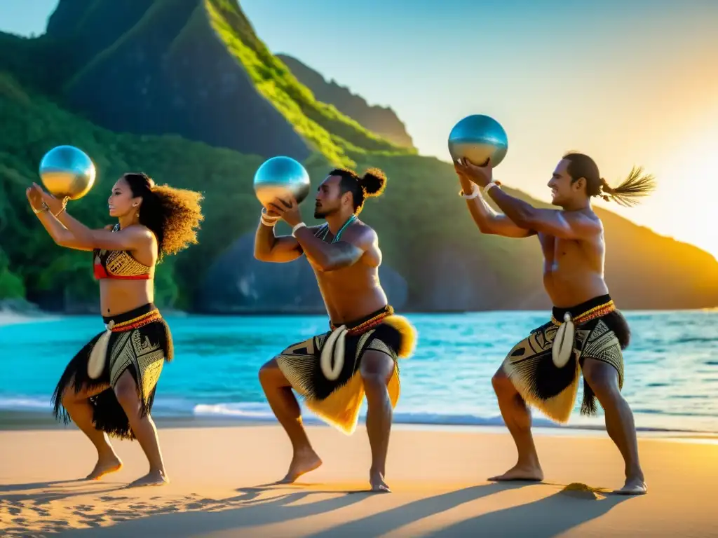 Grupo de atletas polinesios ejecutando el dinámico baile Maorí poi al atardecer en la playa