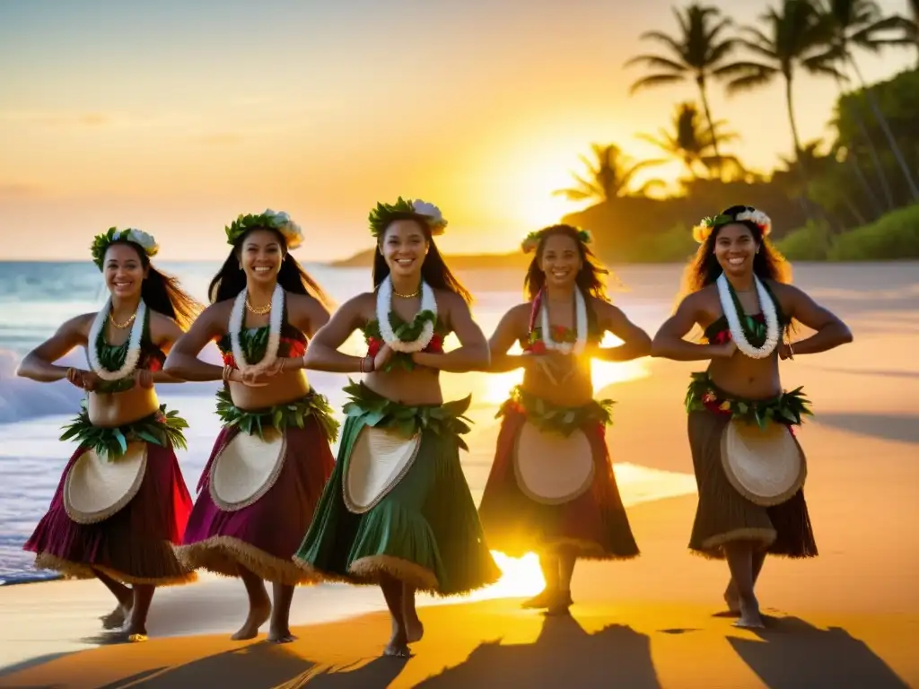 Grupo de bailarinas contemporáneas de hula en la playa al atardecer, con trajes vibrantes y movimientos gráciles