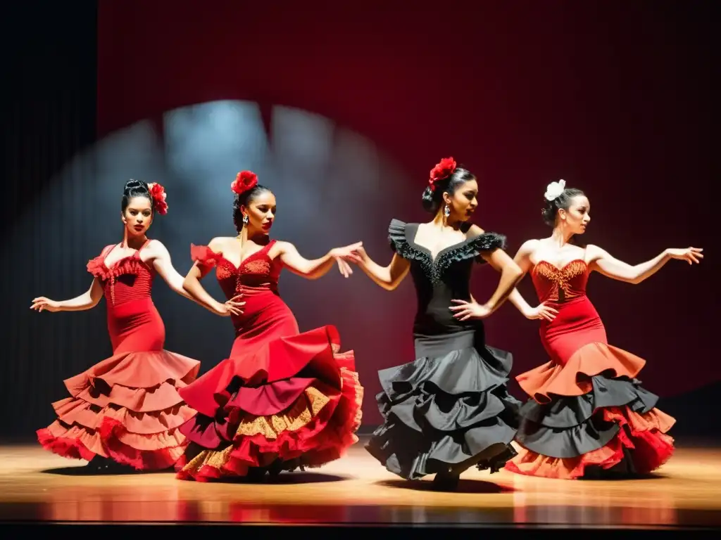 Grupo de bailarinas de flamenco en trajes vibrantes realizando una rutina apasionada en un escenario, con colores rojos y negros