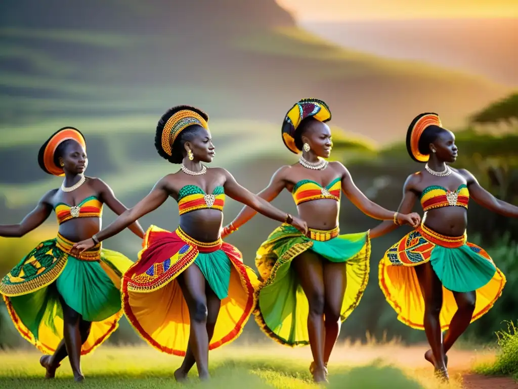 Grupo de bailarines africanos expresando tradiciones y cultura a través del movimiento en un paisaje exuberante al atardecer