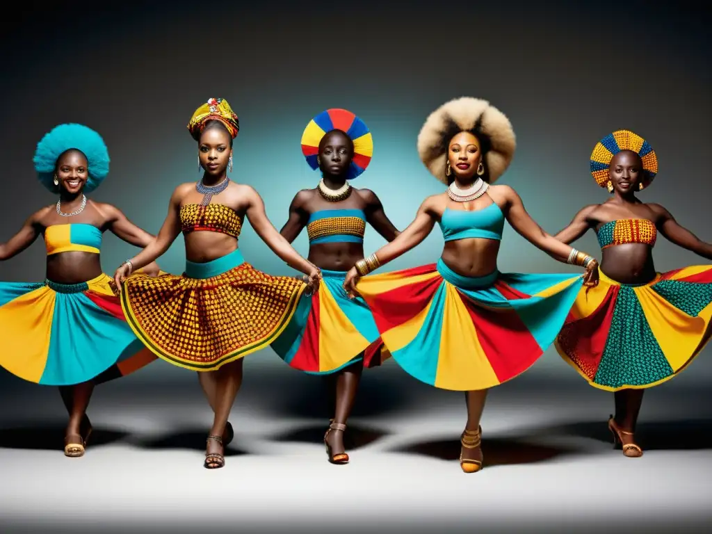 Grupo de bailarines africanos en vibrante actuación, mezclando tradiciones con influencias europeas en sus vestimentas y movimientos