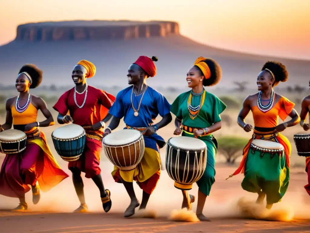 Grupo de bailarines africanos en vibrante danza, capturados en la savana al atardecer, explorando música y danza africana