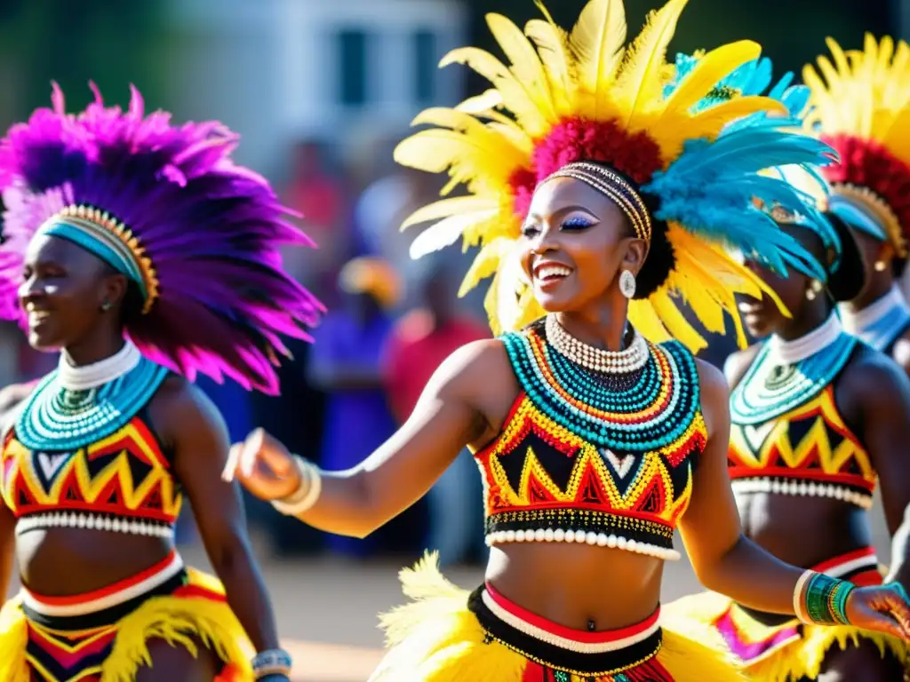 Grupo de bailarines africanos en vibrante ritual Baile Negritos, exudando energía y pasión en una plaza soleada