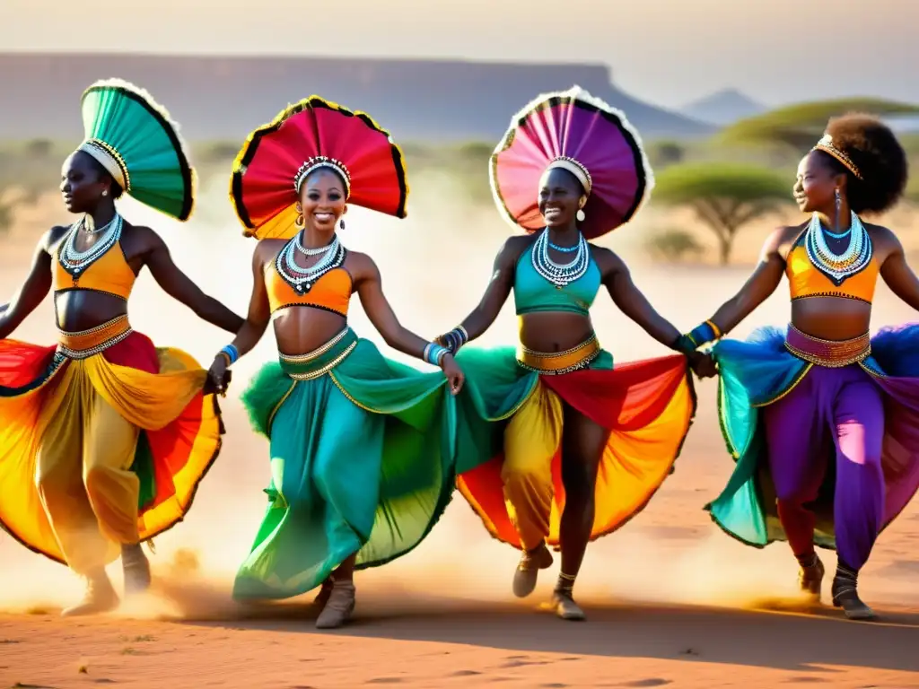 Grupo de bailarines africanos en vibrantes trajes tradicionales, danzando en la sabana al atardecer