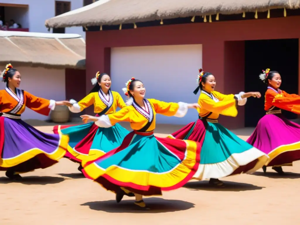 Grupo de bailarines de Saya afroboliviana en vibrante danza cultural, con trajes coloridos, movimientos dinámicos y pasión en una plaza polvorienta