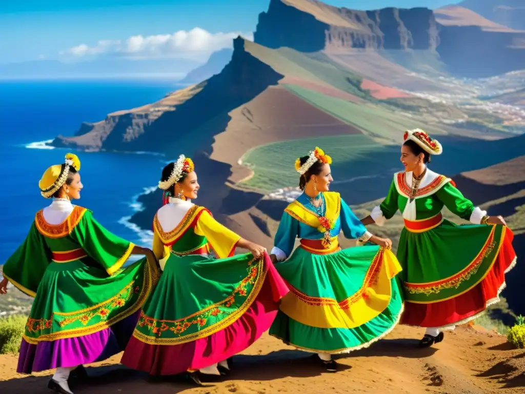 Grupo de bailarines en atuendo tradicional islas Canarias danzando en paisaje colorido y vibrante