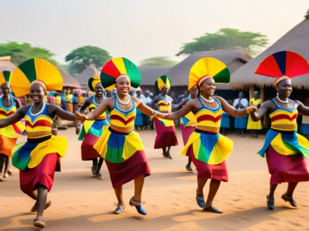 Grupo de bailarines en atuendos tradicionales de Togo danzando en la plaza del pueblo