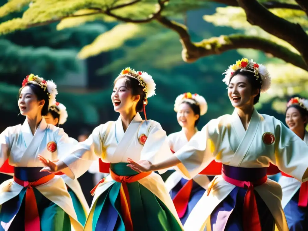 Grupo de bailarines en el festival Kochi Yosakoi Matsuri, con trajes tradicionales coloridos y expresiones de alegría