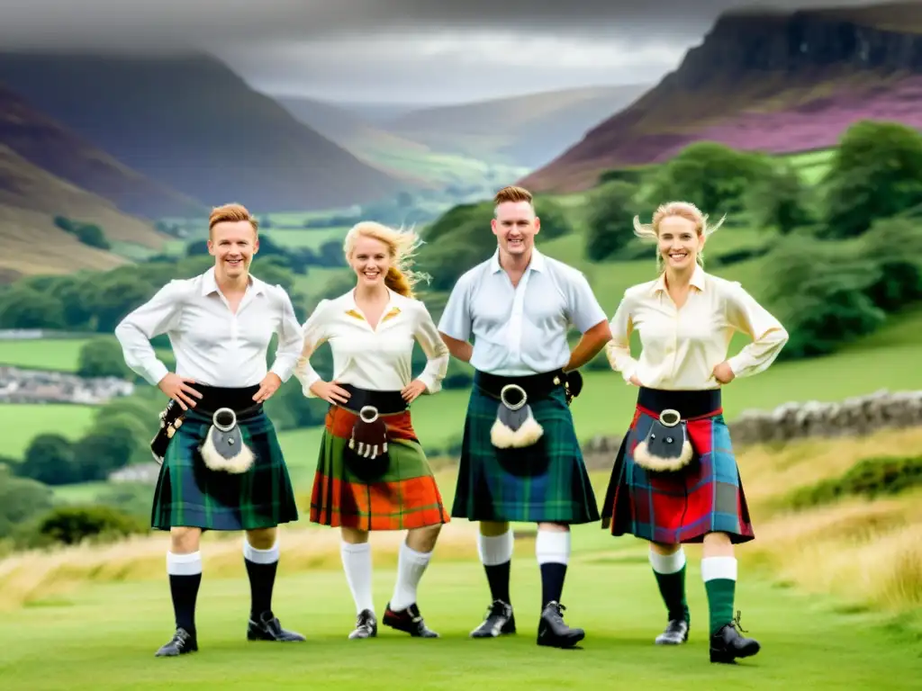 Un grupo de bailarines gaélicos escoceses con kilts coloridos bailando en un entorno natural