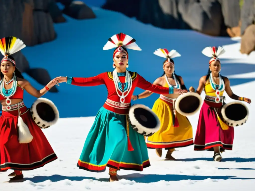 Grupo de bailarines indígenas en danza ceremonial, exhibiendo arte étnico y espiritualidad en paisaje natural