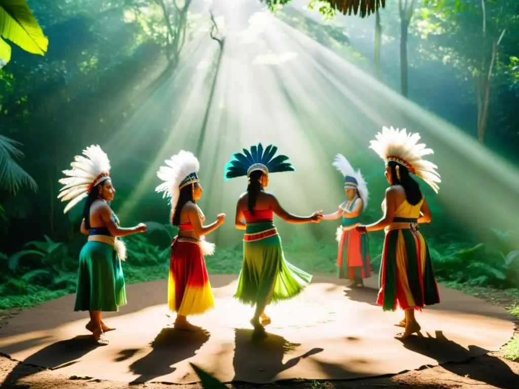 Grupo de bailarines indígenas danzando en la selva de Paraguay, en un ritual de agradecimiento a la naturaleza