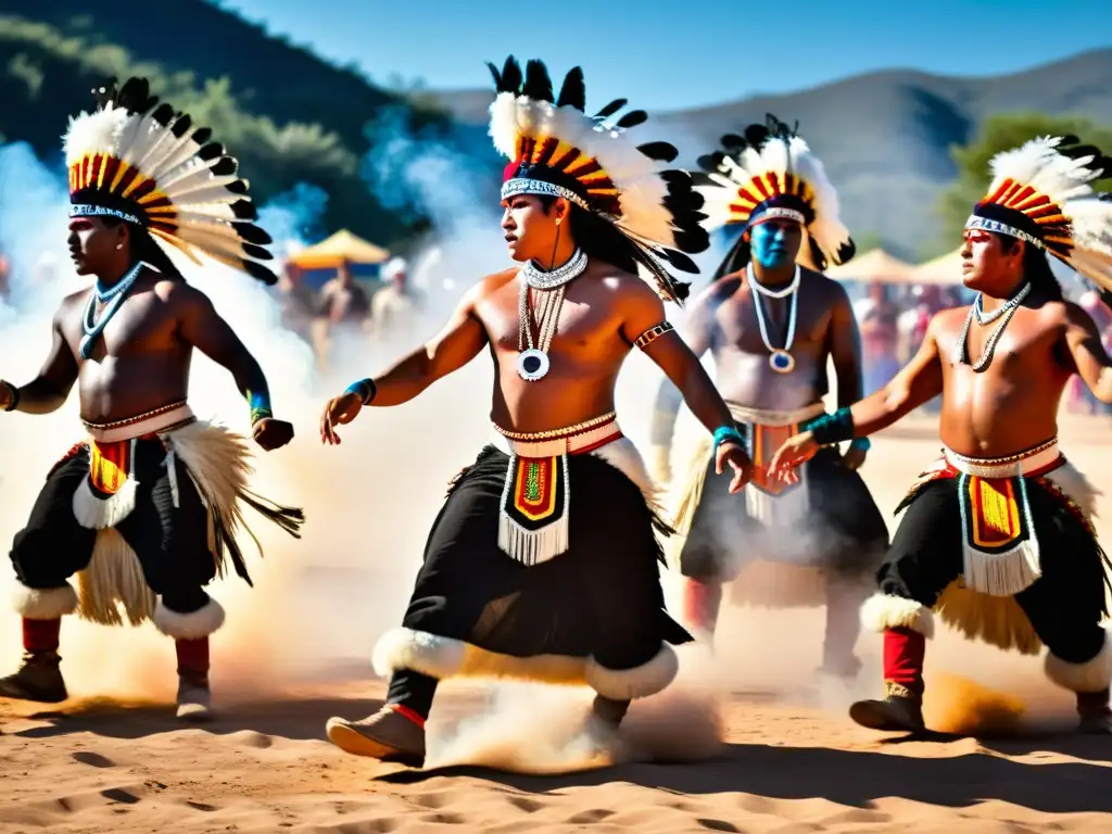 Grupo de bailarines indígenas en trajes tradicionales coloridos danzando alrededor de una fogata en un ritual hipnótico