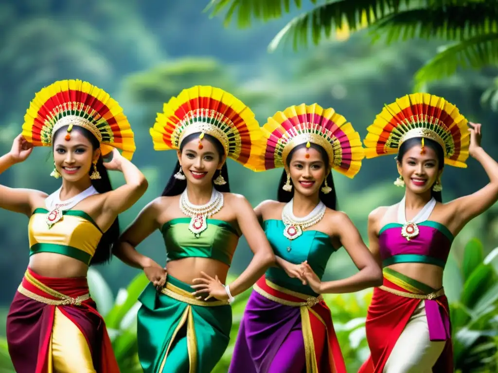 Danza tradicional de Indonesia: gracia y color Grupo de bailarines indonesios en vibrante festival Pífan Indonesia, danza tradicional entre exuberante vegetación y coloridas decoraciones florales