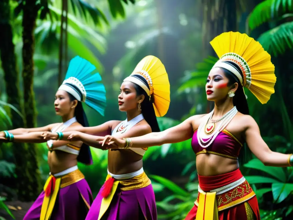 Baile tradicional indonesio en la selva exuberante Grupo de bailarines indonesios en vibrantes trajes tradicionales, ejecutando una danza dinámica en el Festival Pífan Indonesia unidad cultural
