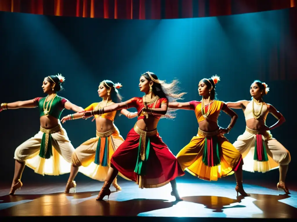 Grupo de bailarines modernos en vibrante vestimenta india, interpretando escenas del Mahabharata y Ramayana con energía y precisión