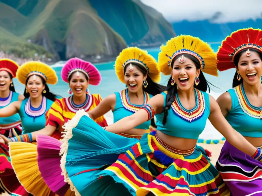 Grupo de bailarines peruanos en vibrante Fiesta de la Candelaria Puno, saltando con energía en trajes tradicionales coloridos