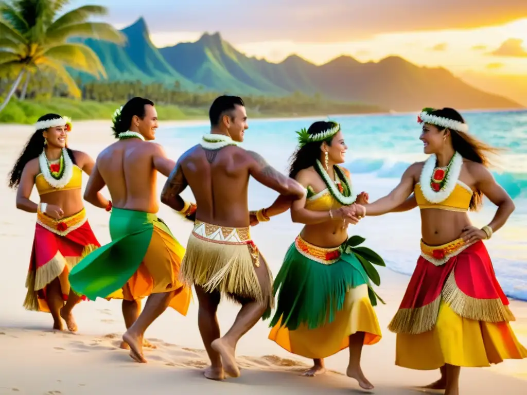 Grupo de bailarines polinesios realizando una danza tradicional de bodas en una hermosa playa al atardecer