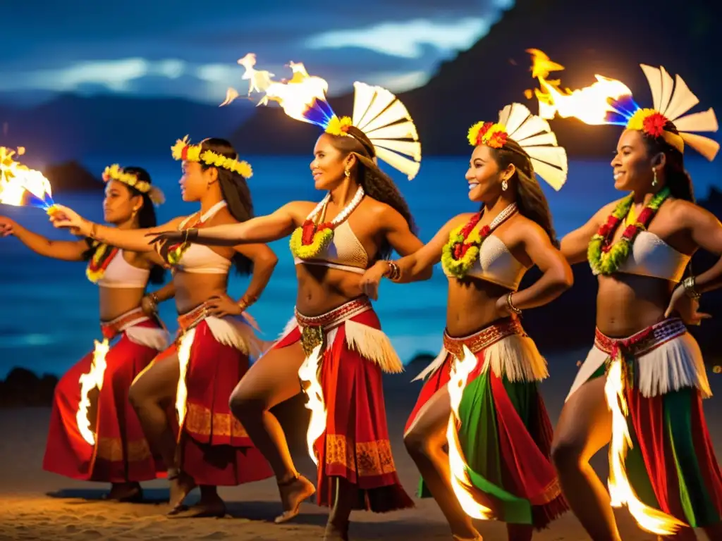 Grupo de bailarines polinesios ejecutando la hipnótica danza del fuego en una playa al atardecer, en una tradición polinesia