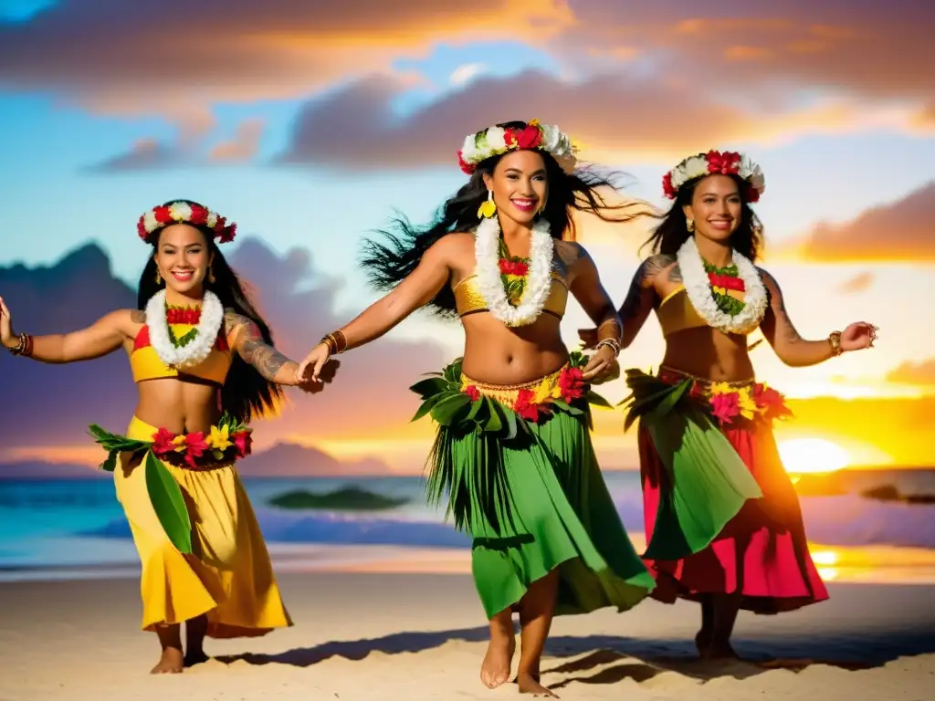 Grupo de bailarines polinesios en trajes tradicionales, realizando un hipnotizante baile hula al atardecer en una playa polinesia