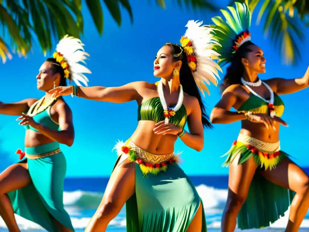 Grupo de bailarines polinesios con trajes coloridos en una festividad nacional en Polinesia, con energía y ritmo frente al Pacífico