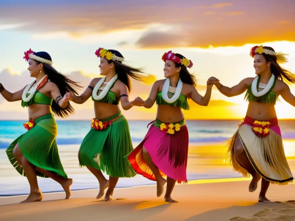 Grupo de bailarines polinesios con vestimenta tradicional contemporánea, realizando una hula dance hipnótica al atardecer en la playa tropical