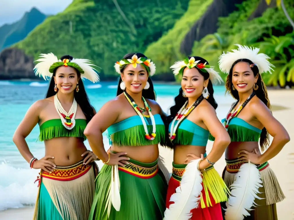 Grupo de bailarines polinesios en vibrantes trajes tradicionales, realizando una cautivadora danza hula