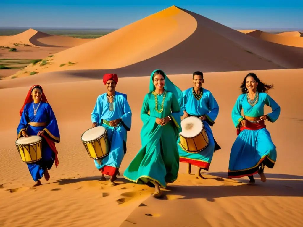 Grupo de bailarines Saharauis en el Festival de Música del Sáhara, vistiendo trajes coloridos, danzando con alegría en el desierto