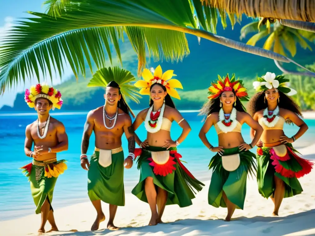 Grupo de bailarines tahitianos con trajes tradicionales y vibrantes estampados florales, danzando al ritmo de tambores bajo palmeras