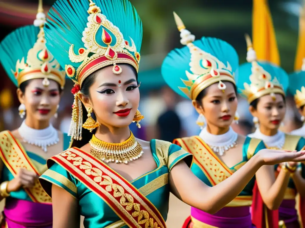 Grupo de bailarines tailandeses en vibrante Festival Surin Tailandia elefantes, con trajes tradicionales y movimientos dinámicos