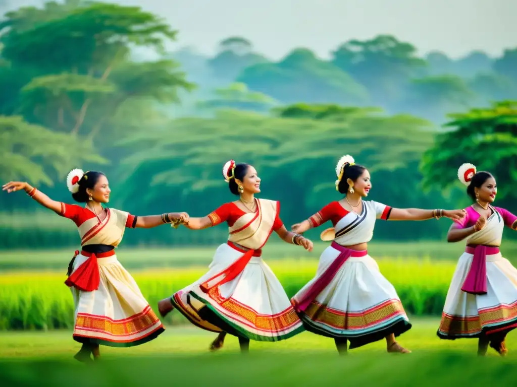 Grupo de bailarines tradicionales de Bihu danzando en medio de exuberante vegetación