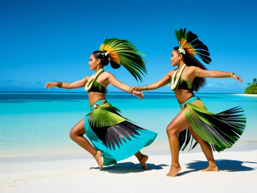 Grupo de bailarines tradicionales del Pacífico en una playa, mostrando la rica herencia cultural y los efectos de la modernización en las islas