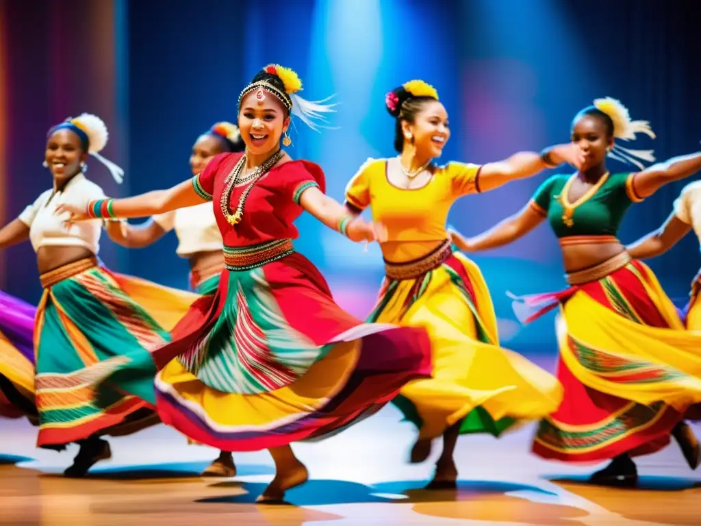 Grupo de bailarines tradicionales en vibrantes trajes, movimientos con energía, músicos y moda inspiradora música tradicional moda