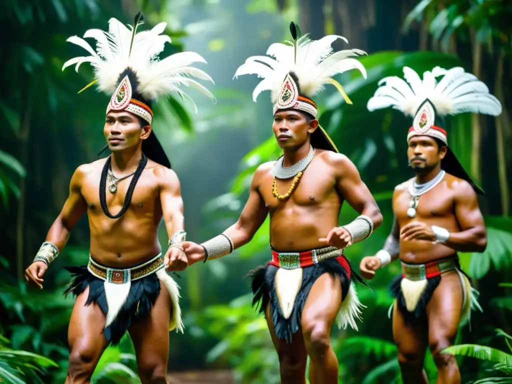 Grupo de bailarines Dayak en trajes tradicionales, danzando en el exuberante festival Gawai Dayak Borneo significado