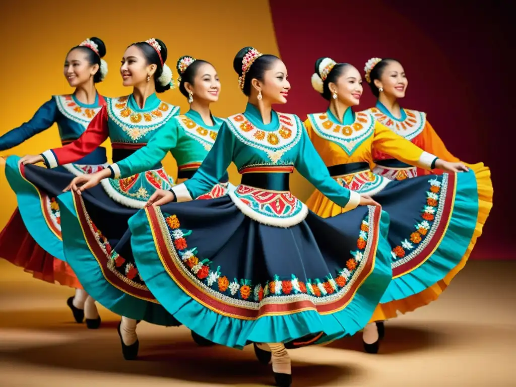 Grupo de bailarines en trajes tradicionales con técnica antigua de bordado en danza