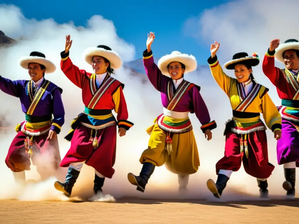 Grupo de bailarines Tinkus en trajes vibrantes, ejecutando una danza ritual en Bolivia, expresando su energía y tradición