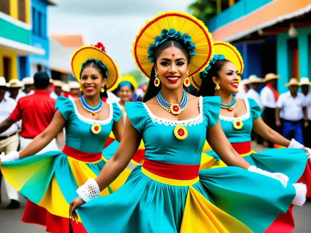 Grupo de bailarines con trajes vibrantes en el Carnaval de Barranquilla danzas colombianas