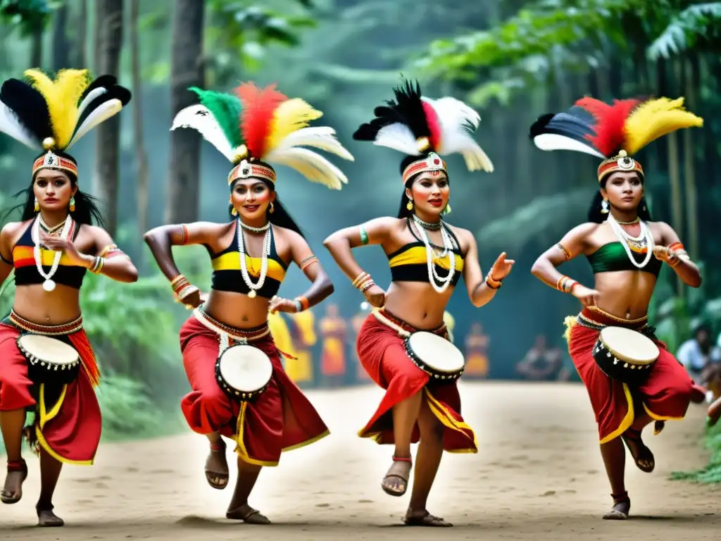 Grupo de bailarines tribales en vibrante atuendo tradicional, danzando con pasión en la exuberante selva