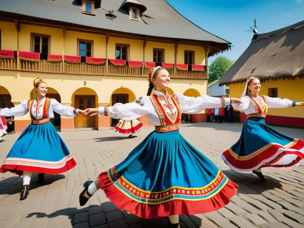 Un grupo de bailarines ucranianos vistiendo trajes típicos, ejecutan una danza folclórica llena de energía en una plaza soleada, capturando la resistencia cultural del traje típico ucraniano