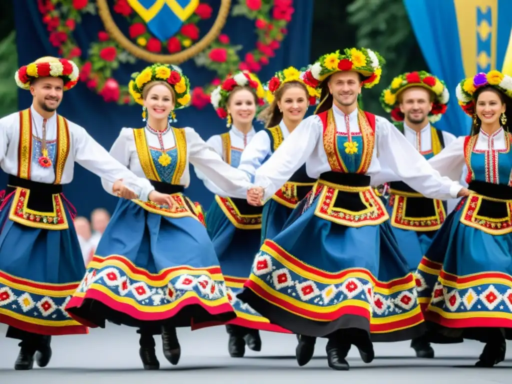 Grupo de bailarines ucranianos en trajes típicos, disfrutando de la resistencia cultural al danzar en festival folclórico