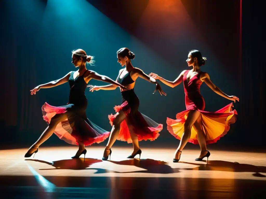 Un grupo de bailarines elegantemente vestidos ejecuta el tango en un escenario tenue, capturando la esencia de la danza