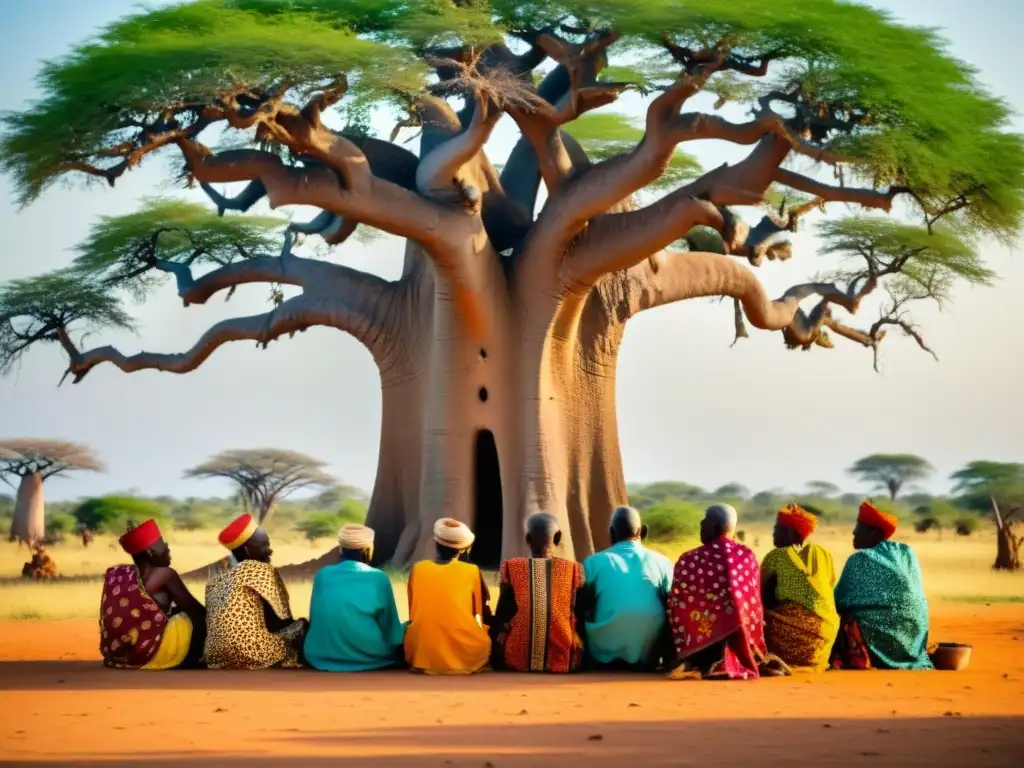 Un grupo de ancianos Bambara se reúne bajo un baobab en Mali, envueltos en coloridos atuendos tradicionales