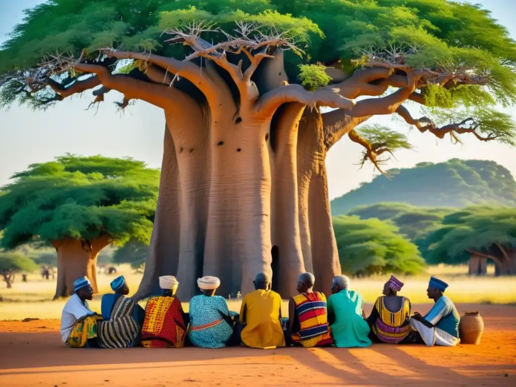 Grupo de ancianos bambará conversando bajo un baobab en Mali, rodeados de naturaleza exuberante y textiles tradicionales